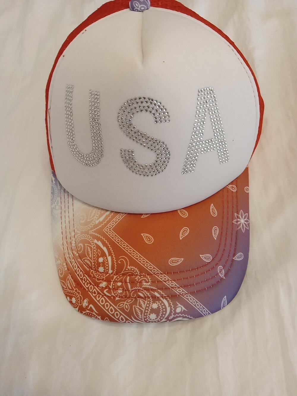 USA Boho Snapback Trucker Hat Cap W/ Rhinestones Like Bling Red Mesh. Athleisure